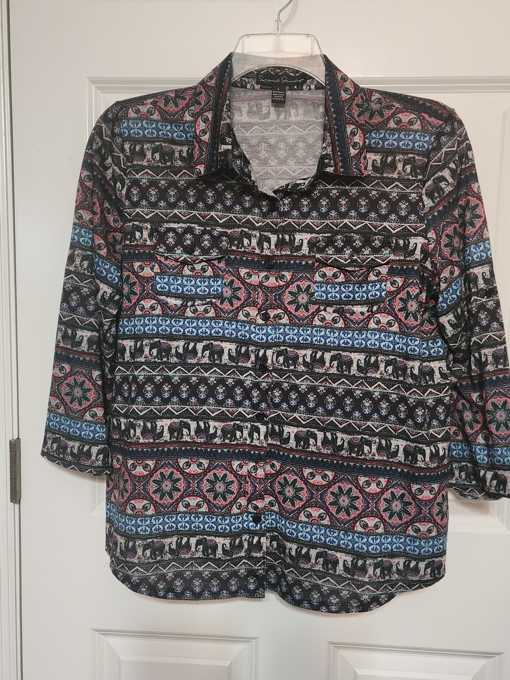 French Laundry Black Boho Button-Down Shirt with Blue & Pink Pattern